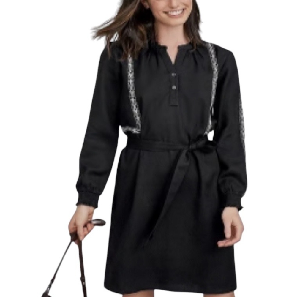 Garnet Hill Geo Embroidered Tencel Tie Waist Shirt Dress Women's 12 Long Sleeved